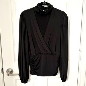 LNA Black Drapey Faux Wrap Long-Sleeve Top with Choker